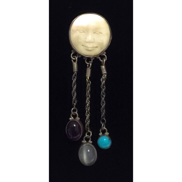 Carved Moon Face Sajen Dangle 925 Earrings Amethyst Turquoise & Moonstone - Picture 3 of 14
